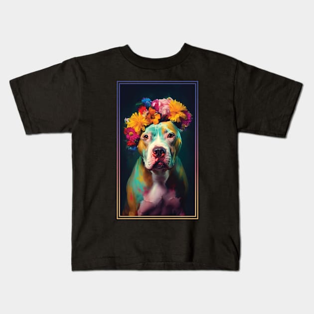 American Staffordshire Terrier Pitbull Vibrant Tropical Flower Tall Digital Oil Painting Portrait  10 Kids T-Shirt by ArtHouseFlunky